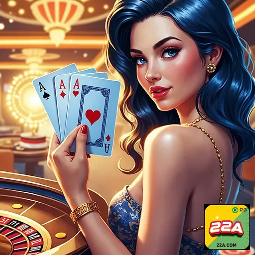 Imagem de um casino elegante no site 22a, destacando mesas de pôquer e máquinas de caça-níqueis relacionadas ao universo
